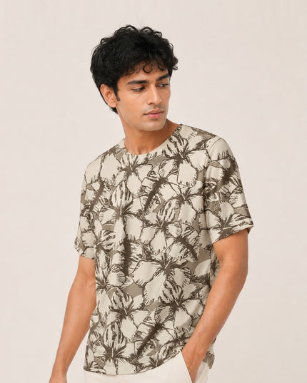 Beige Hibiscus Print T-Shirt #PT188