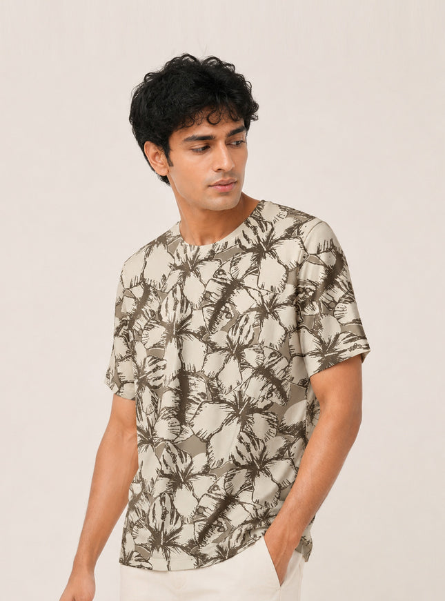 Beige Hibiscus Print T-Shirt #PT188
