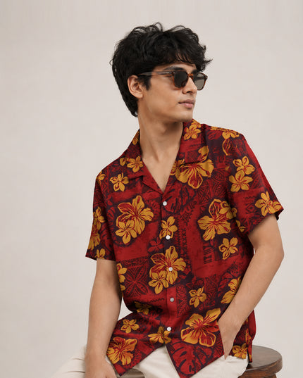 Red Hibiscus Tribal Printed Shirt