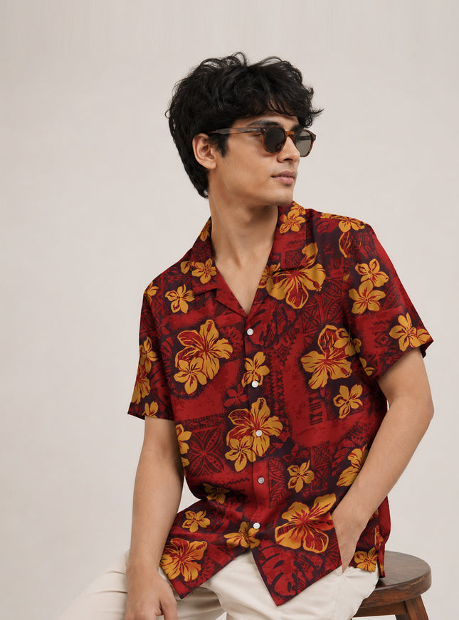 Red Hibiscus Tribal Printed Shirt