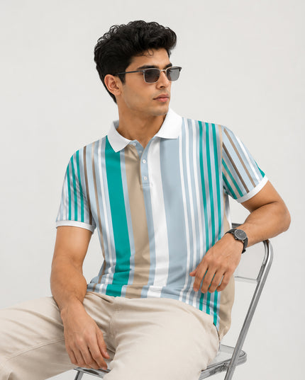 Teal Barcode Stripe Printed Polo T-Shirt #PP177