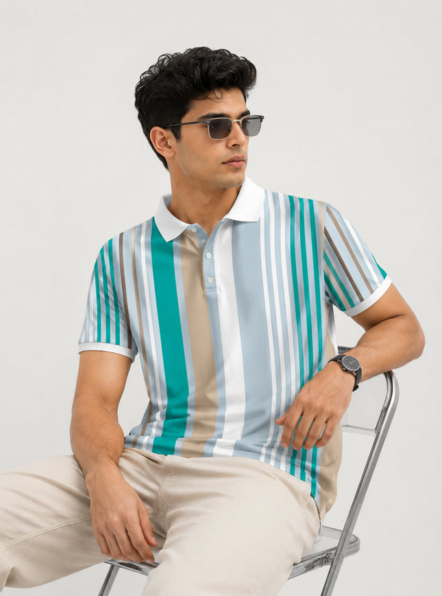 Teal Barcode Stripe Printed Polo T-Shirt #PP177