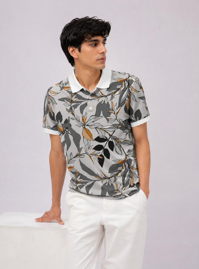 Grey Leaves Printed Polo #PP102