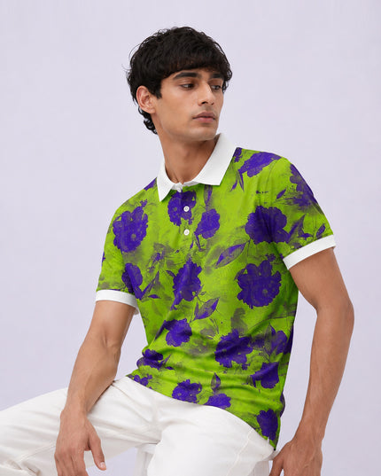 Teal Floral Printed Polo #PP105