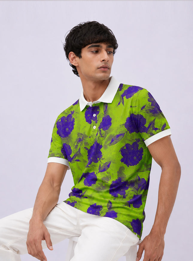 Teal Floral Printed Polo #PP105