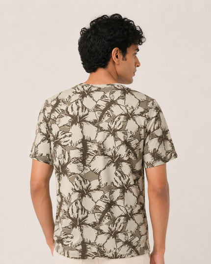 Beige Hibiscus Print T-Shirt #PT188