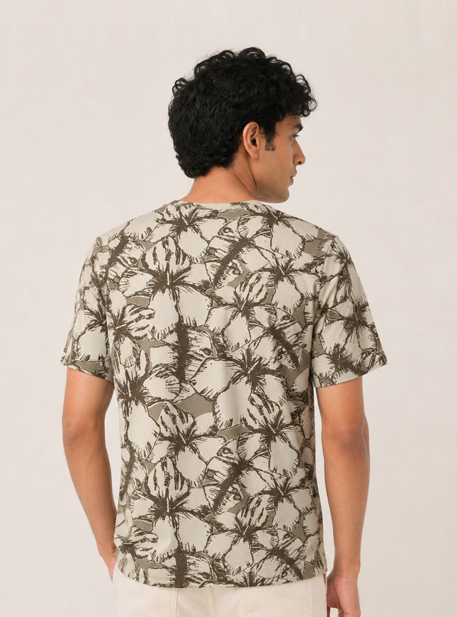 Beige Hibiscus Print T-Shirt #PT188