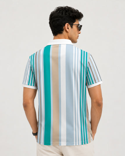 Teal Barcode Stripe Printed Polo T-Shirt #PP177