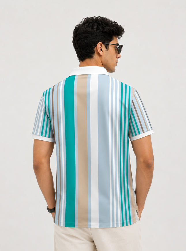 Teal Barcode Stripe Printed Polo T-Shirt #PP177