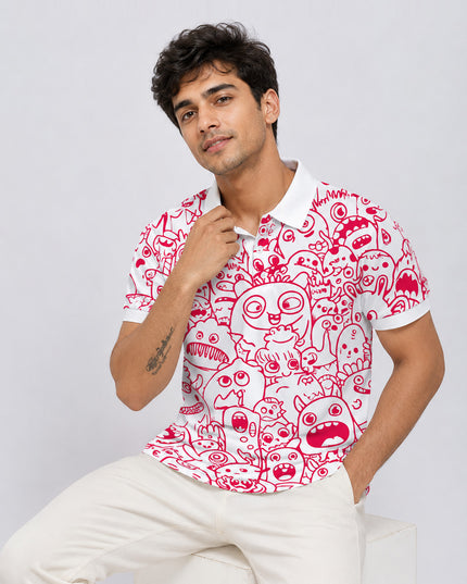 Red Doodle Printed Polo T-Shirt  #PP130