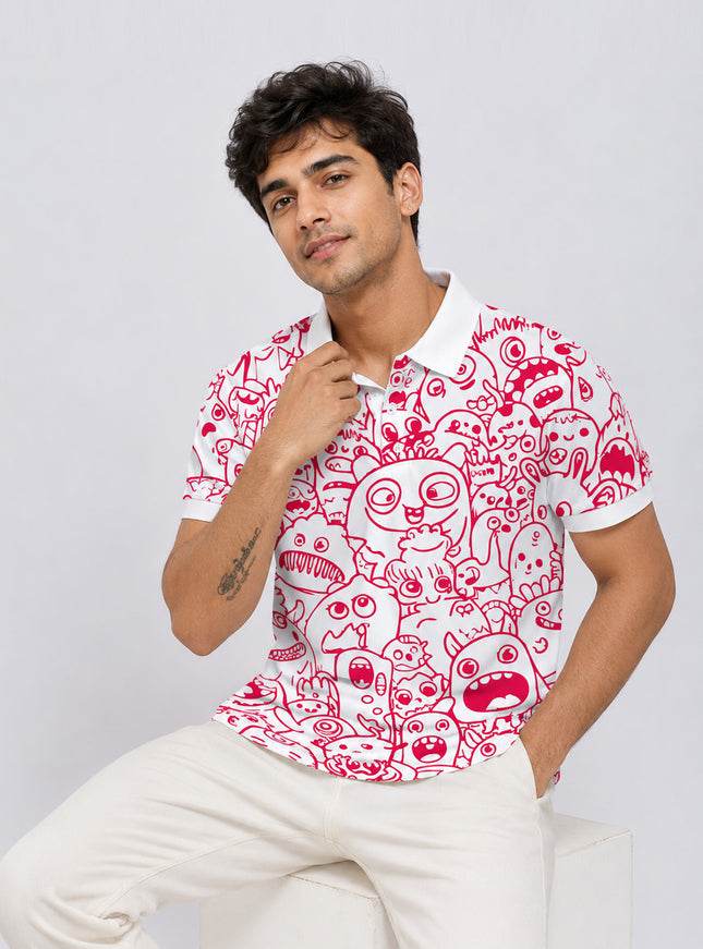 Red Doodle Printed Polo T-Shirt  #PP130
