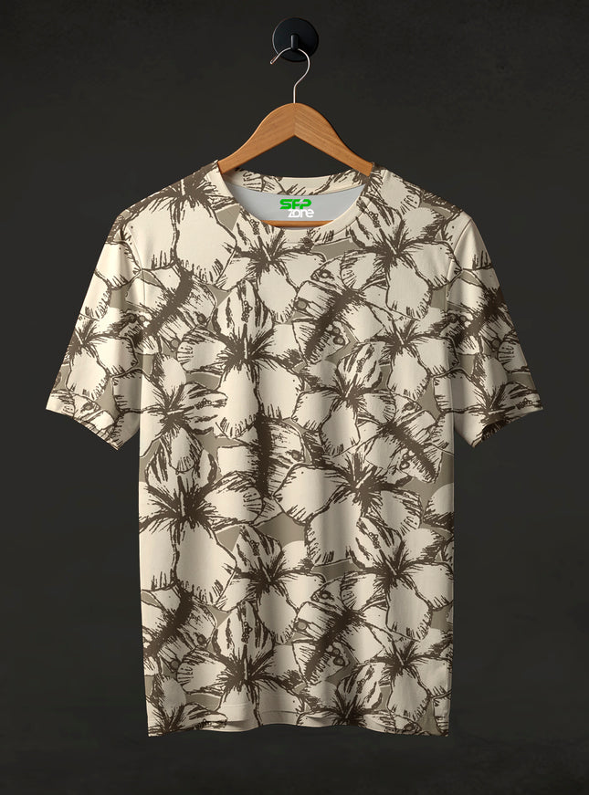 Beige Hibiscus Print T-Shirt #PT188