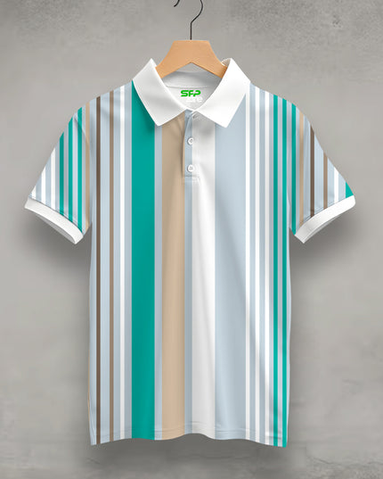 Teal Barcode Stripe Printed Polo T-Shirt #PP177