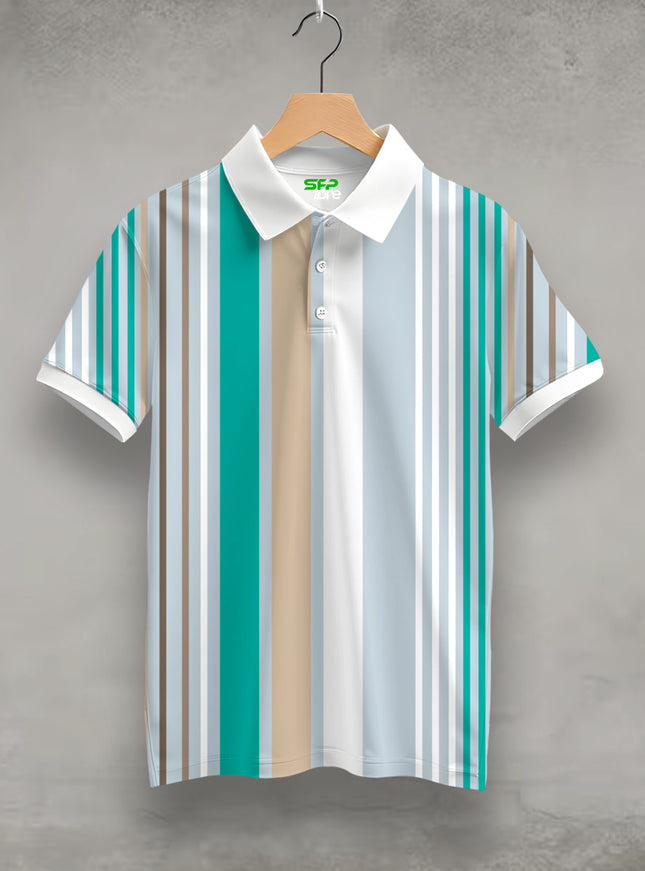 Teal Barcode Stripe Printed Polo T-Shirt #PP177